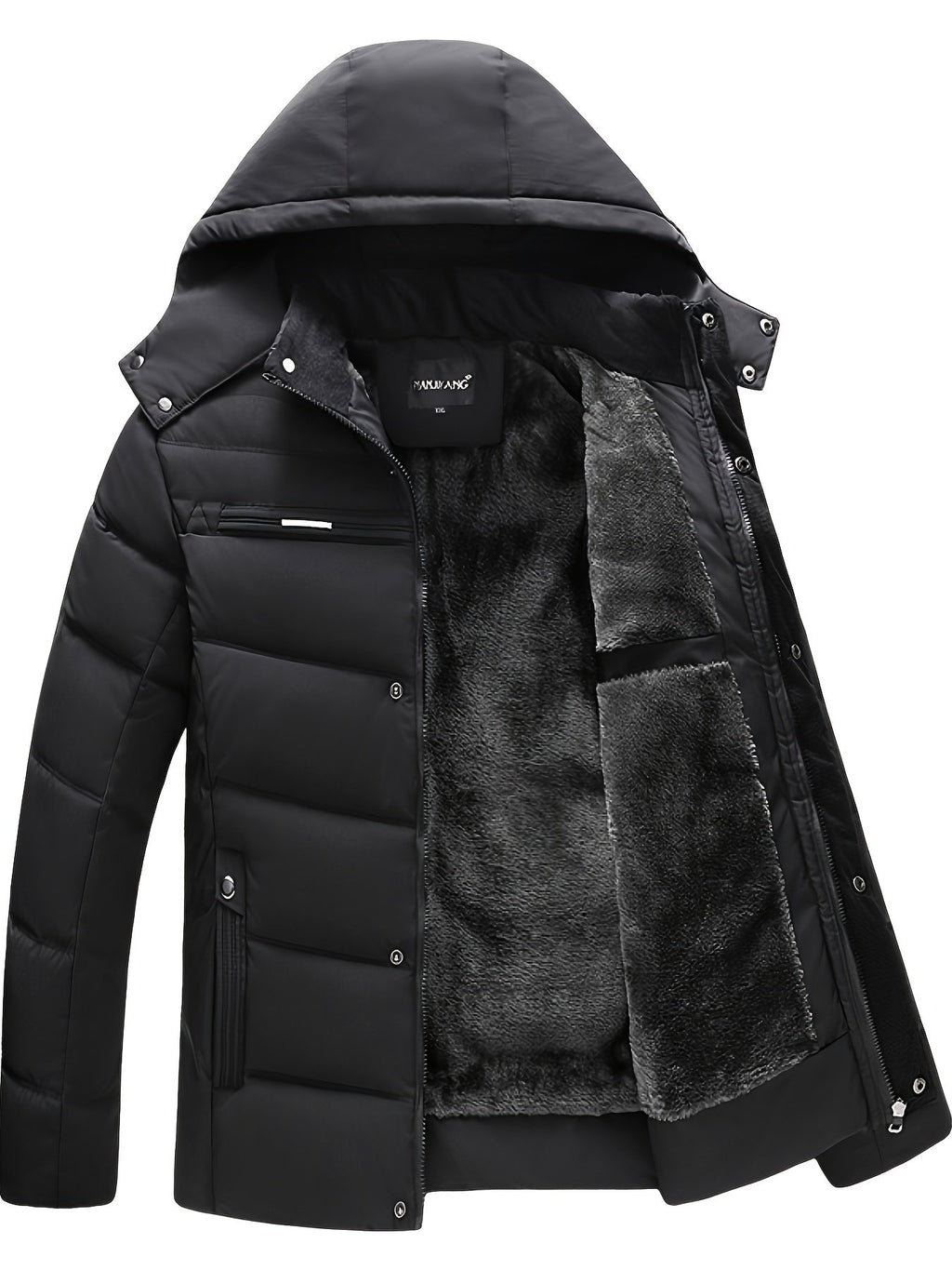 Men's fleece-lined hooded coat shown from the front for winter