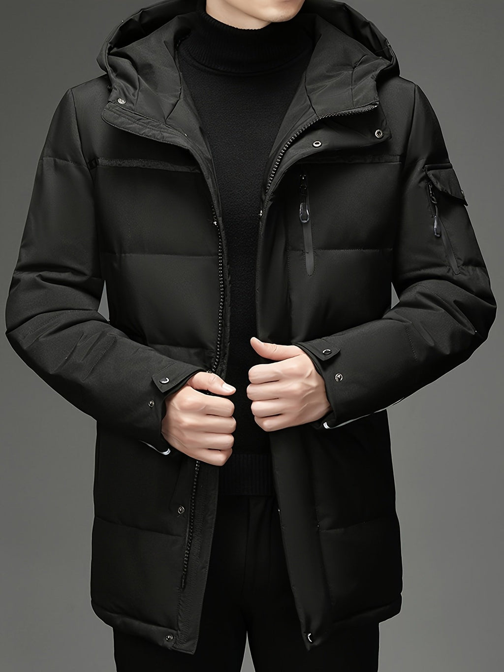 Men's padded hooded parka shown from the front for winter
