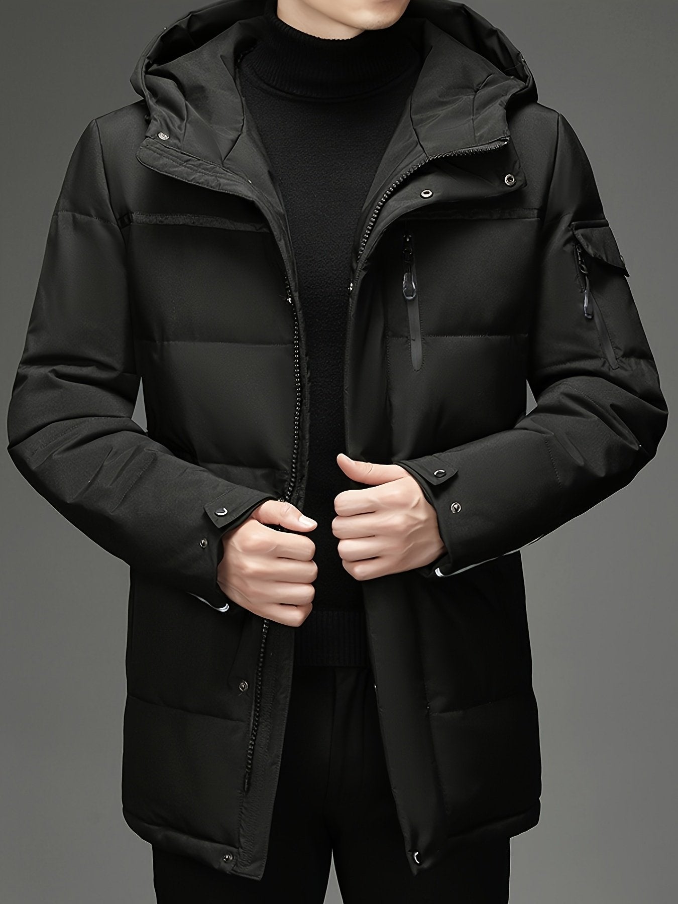 Men's padded hooded parka shown from the front for winter