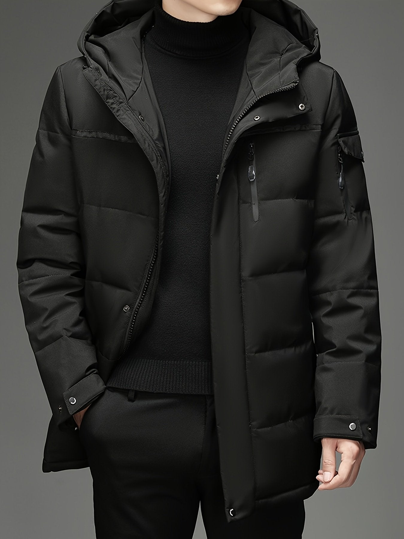 Side view of the men's padded hooded parka showing the fit