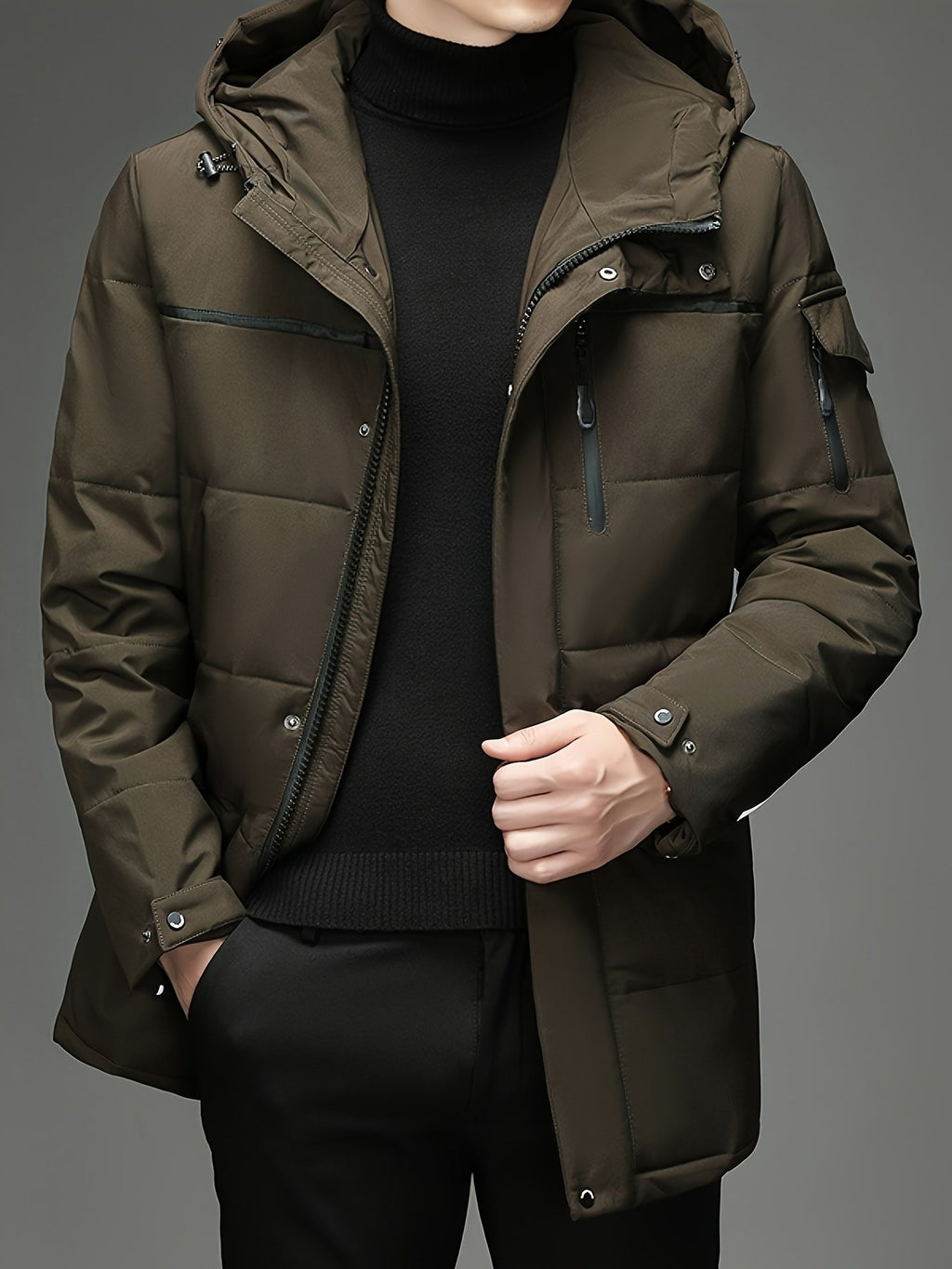 Back view of the men's padded hooded parka