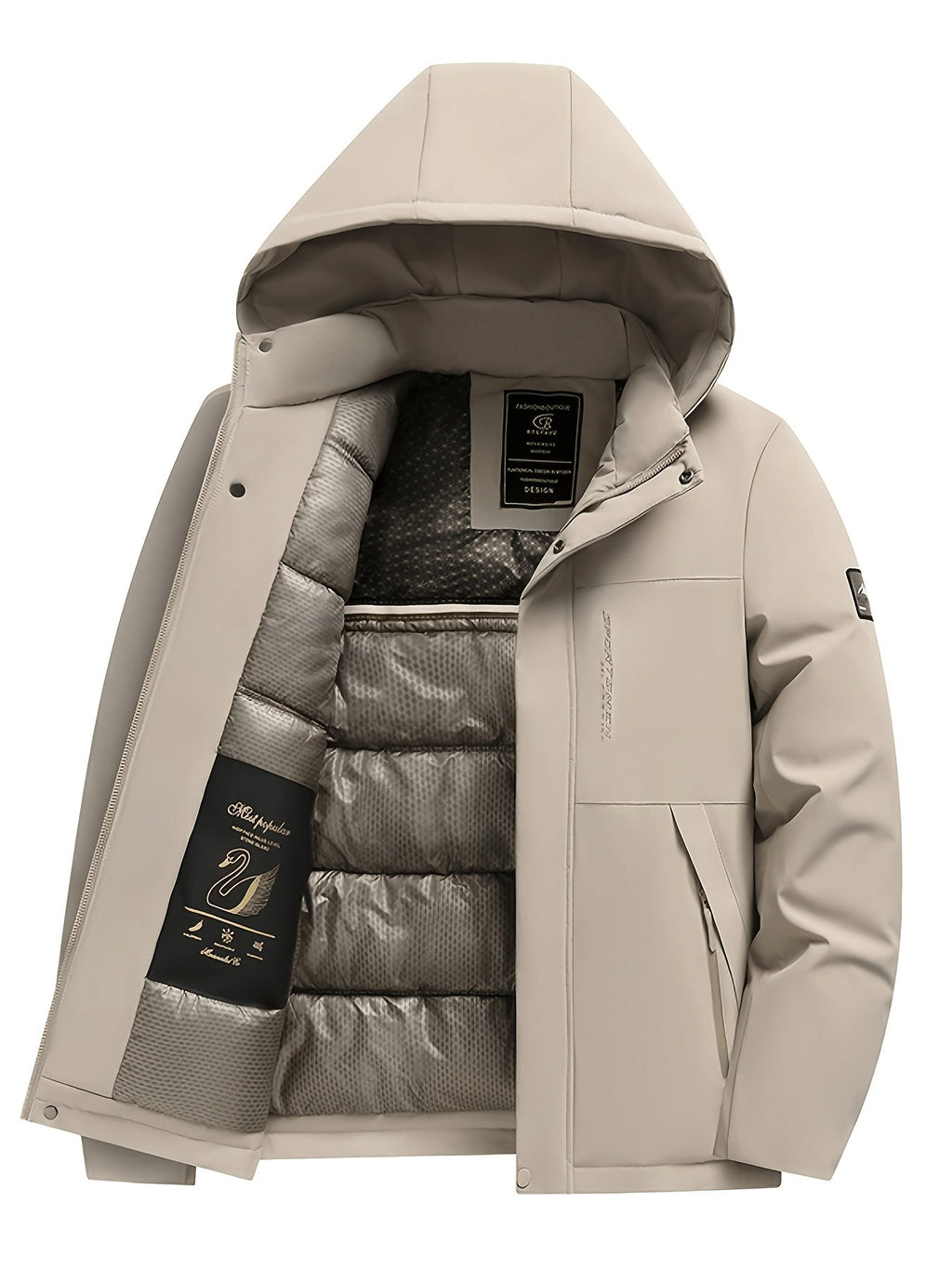 Side view of the men's fleece-lined padded jacket showing the fit