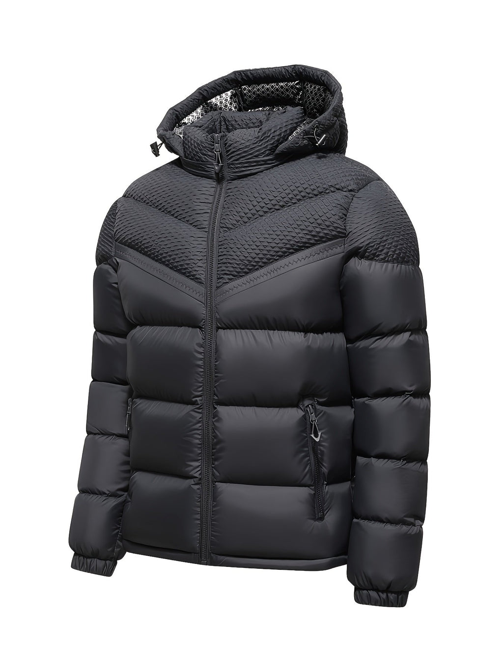 Close-up of the men's fleece-lined parka fabric and stitching
