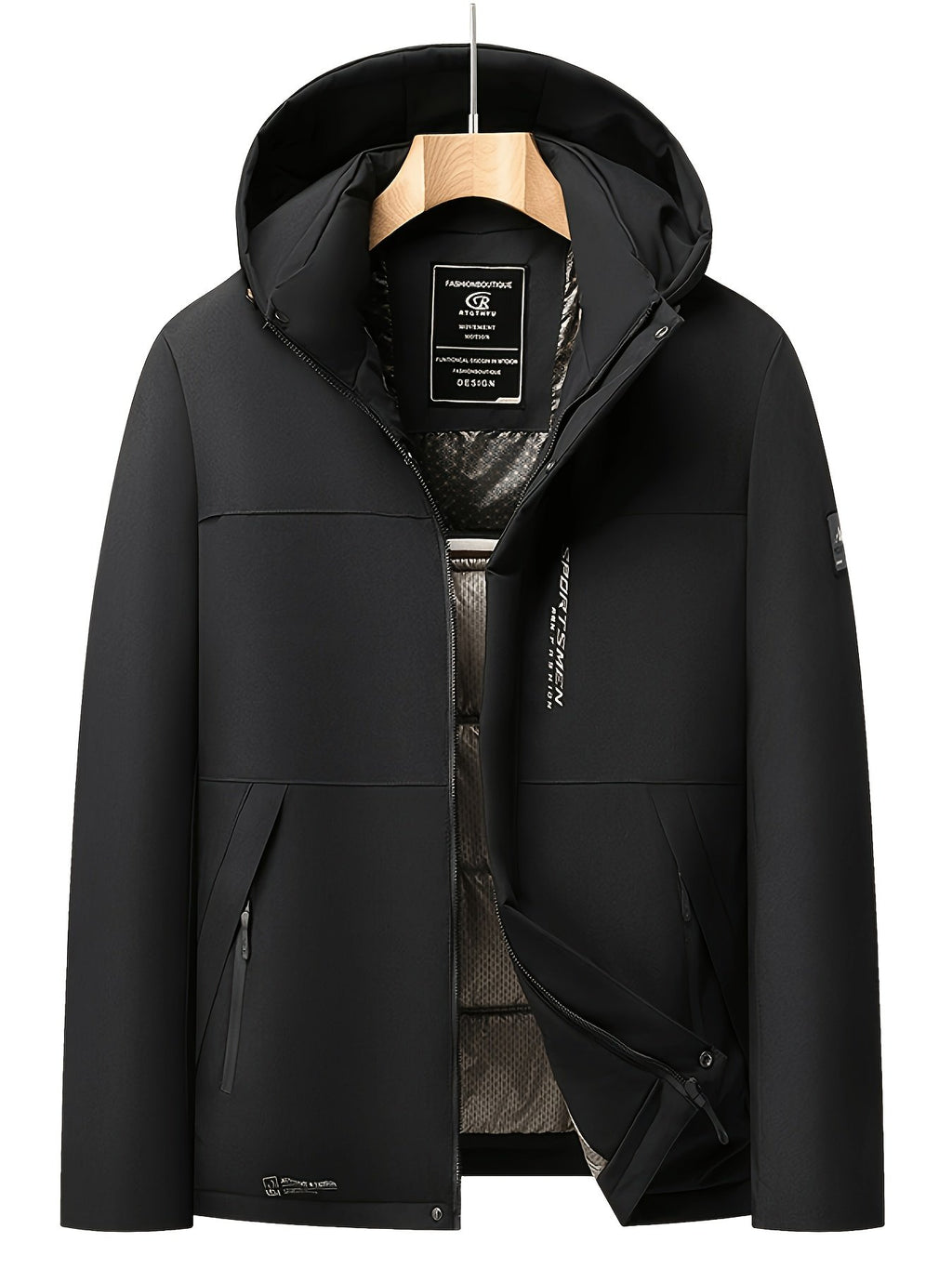Close-up of the men's fleece-lined padded jacket fabric and stitching