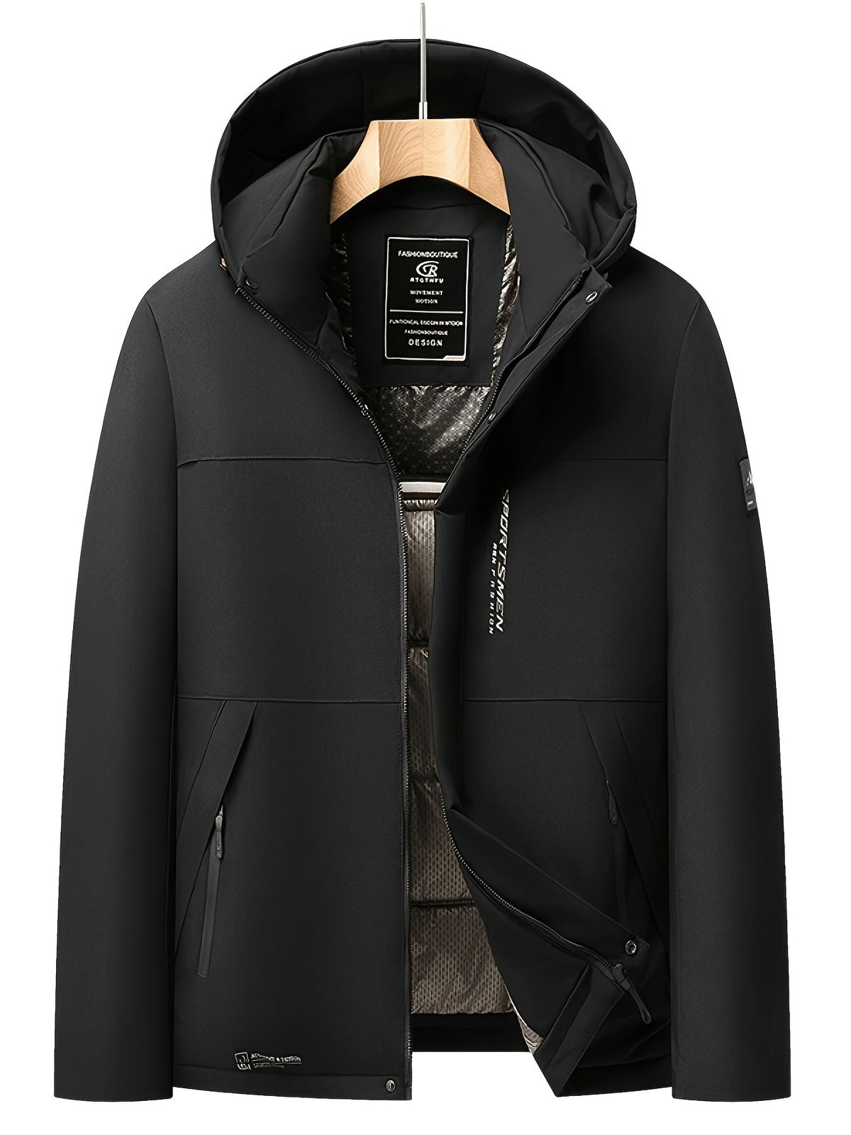 Close-up of the men's fleece-lined padded jacket fabric and stitching
