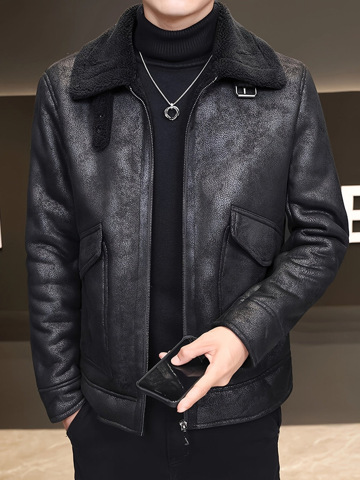 Men's faux leather jacket shown from the front for winter