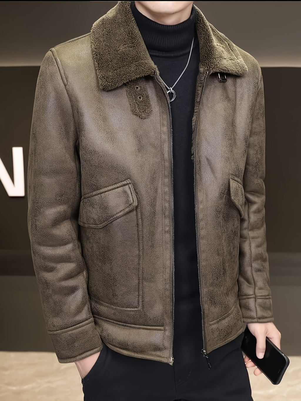 Side view of the men's faux leather jacket showing the fit