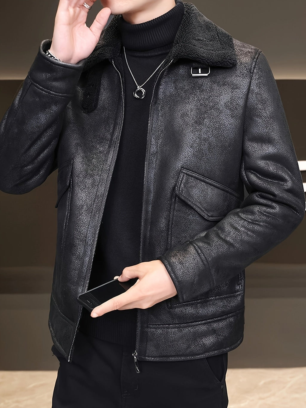 Back view of the men's faux leather jacket