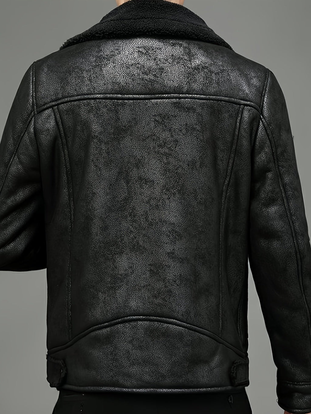 Collar and fastening detail of the men's faux leather jacket