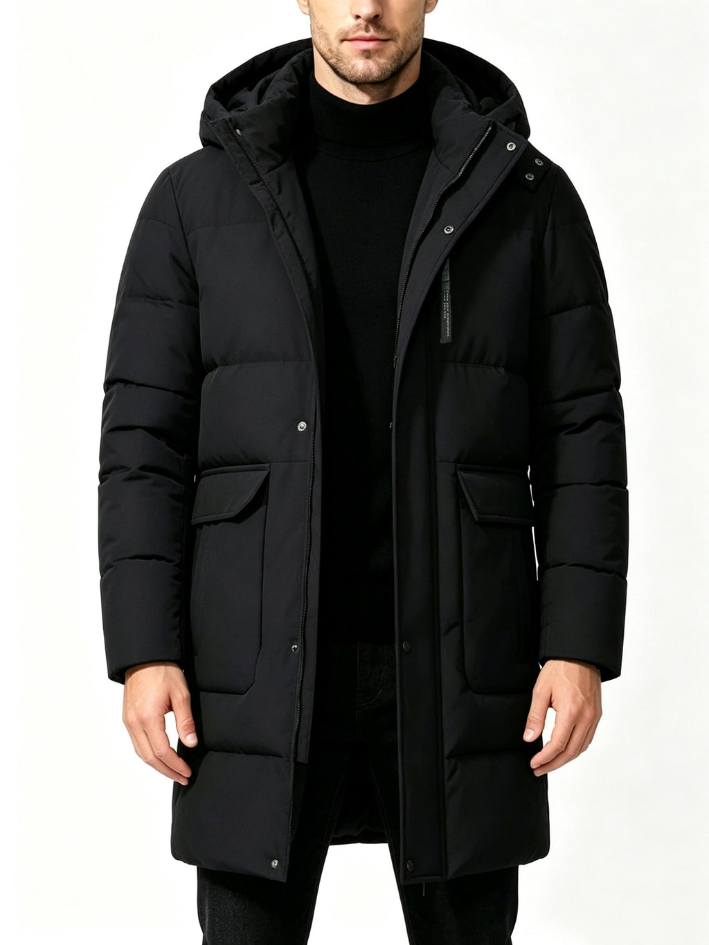 Men's long hooded parka shown from the front for winter