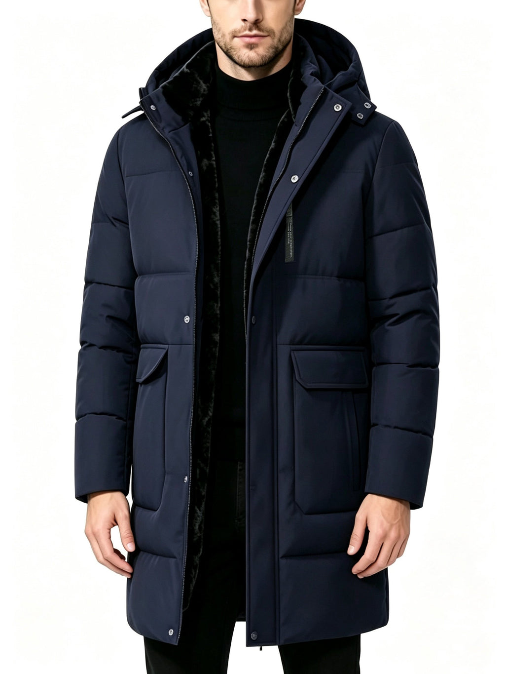 Side view of the men's long hooded parka showing the fit