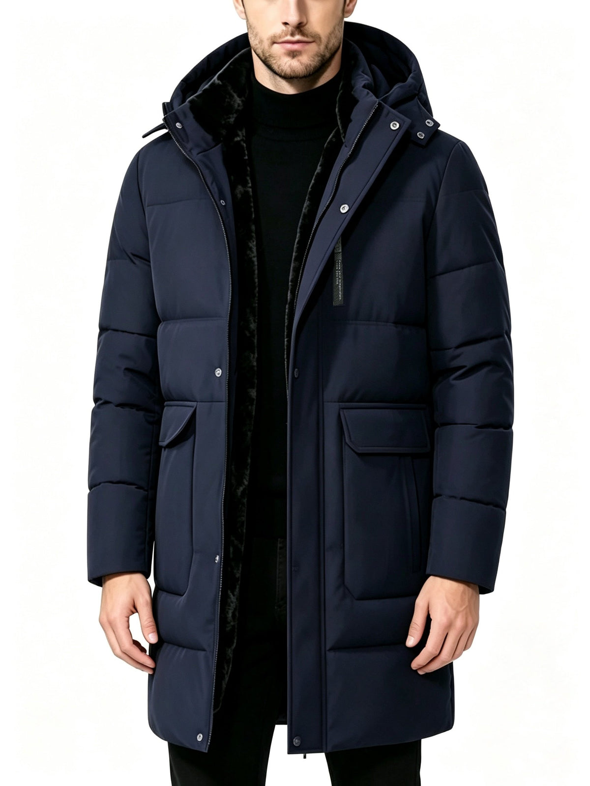 Side view of the men's long hooded parka showing the fit