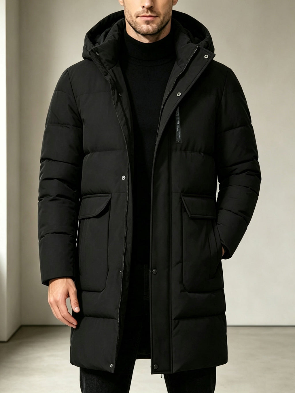 Close-up of the men's long hooded parka fabric and stitching