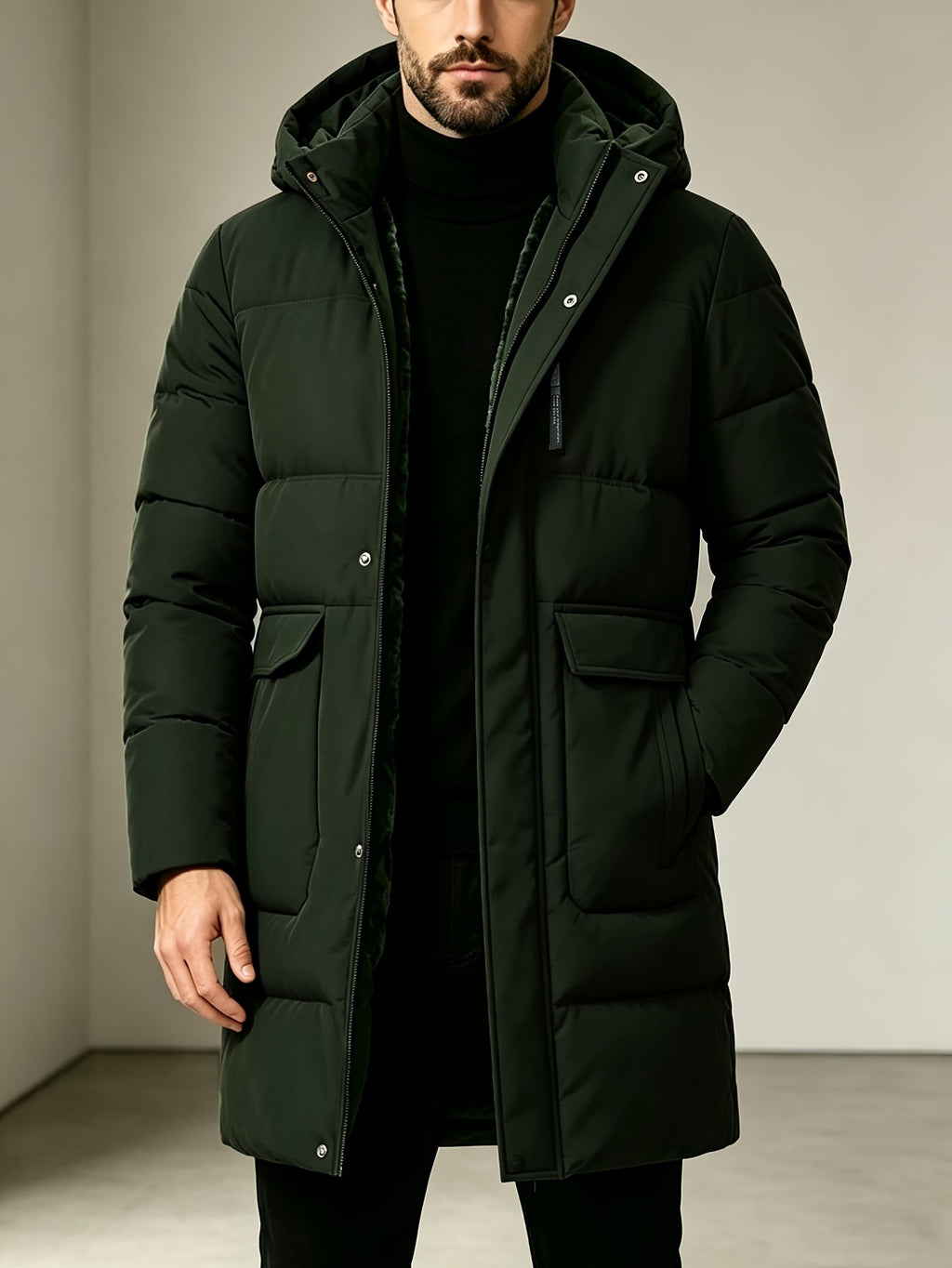 Men's long hooded parka styled with jeans for cold weather