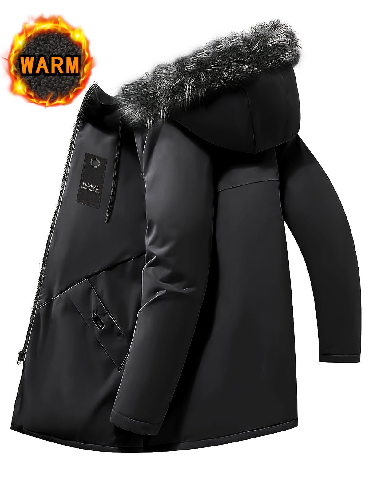 Side view of the men's knee-length padded coat showing the fit