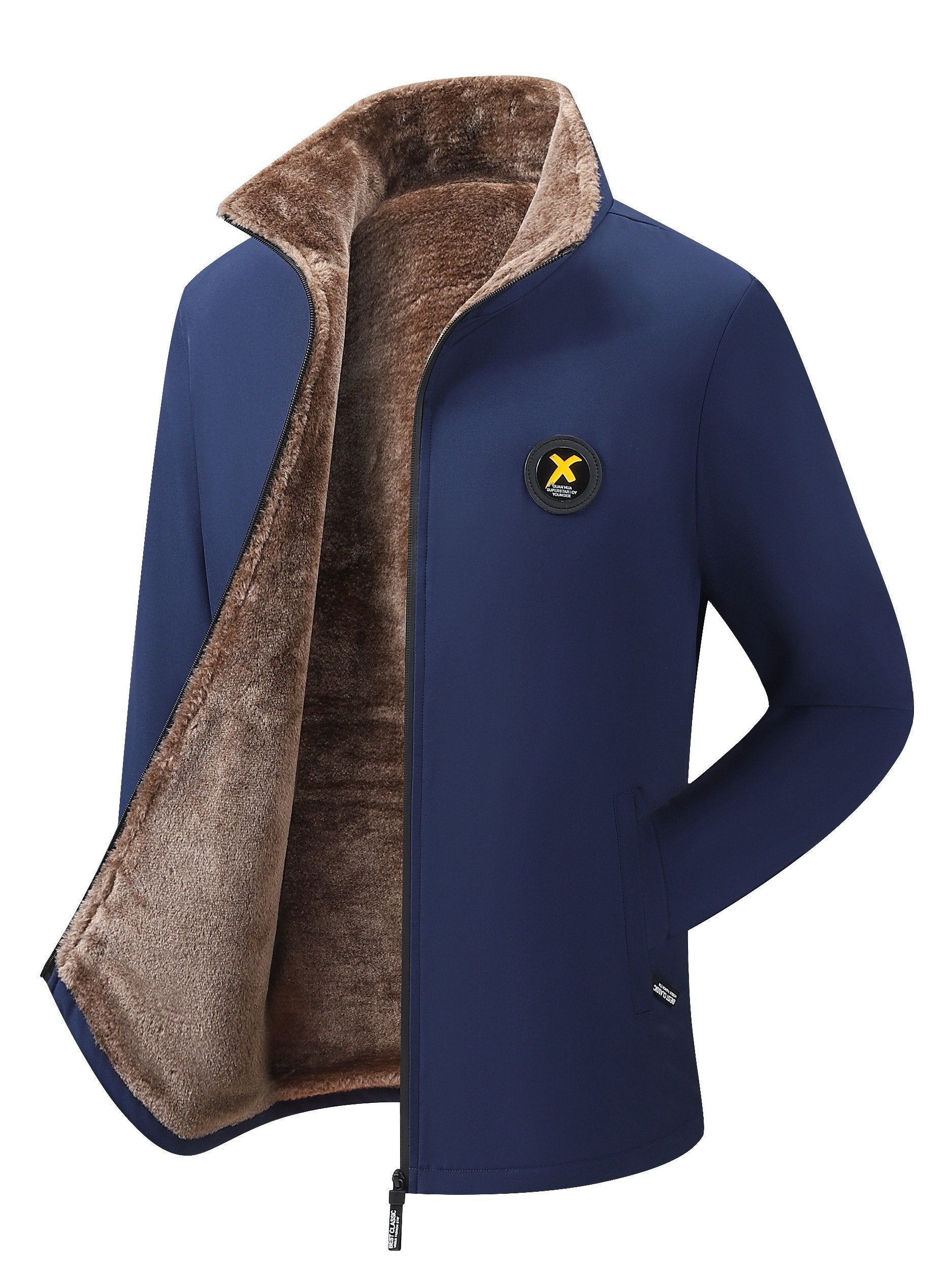 Men's padded stand collar jacket shown from the front for winter