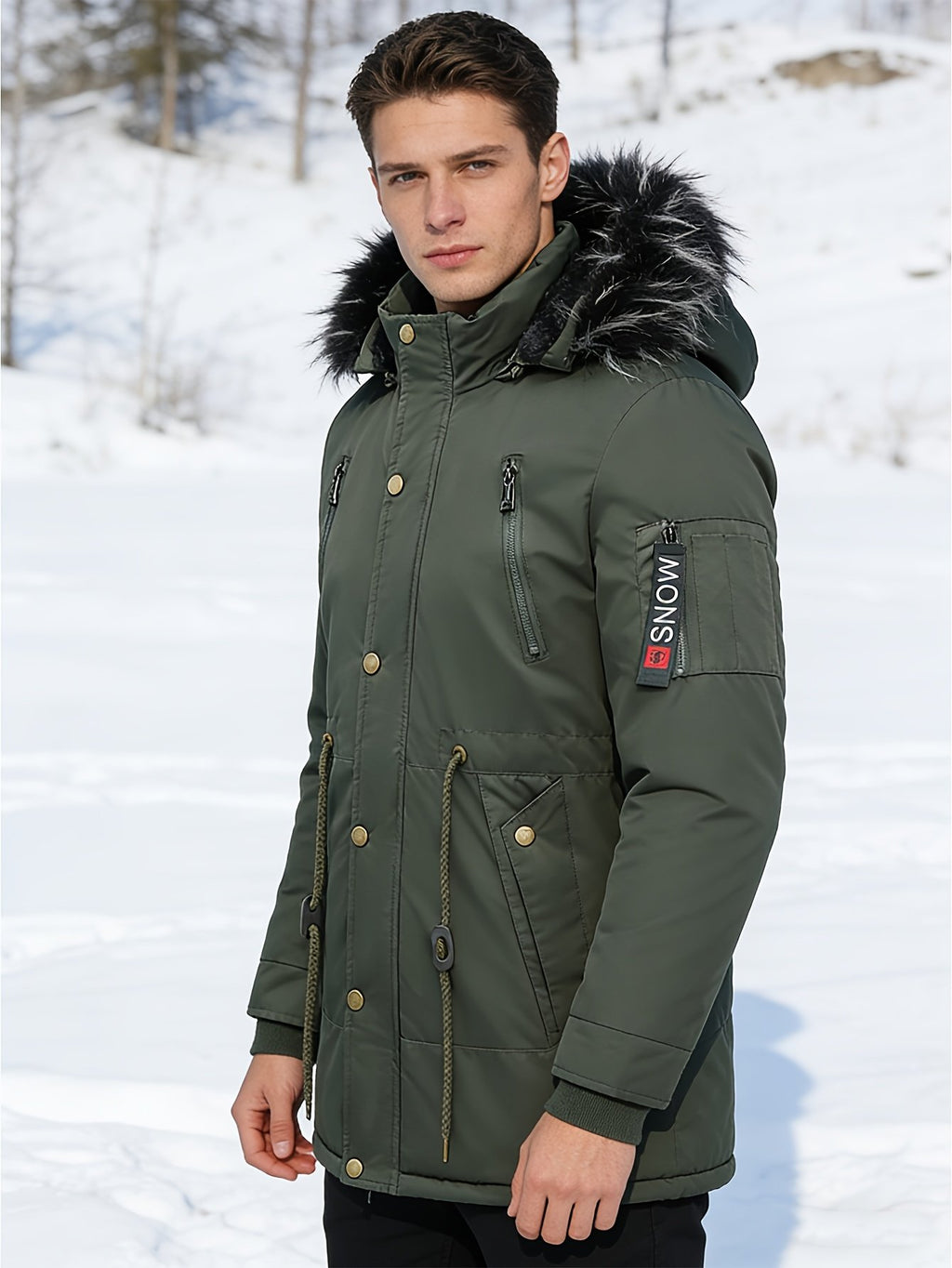 Men's hooded parka shown from the front for winter