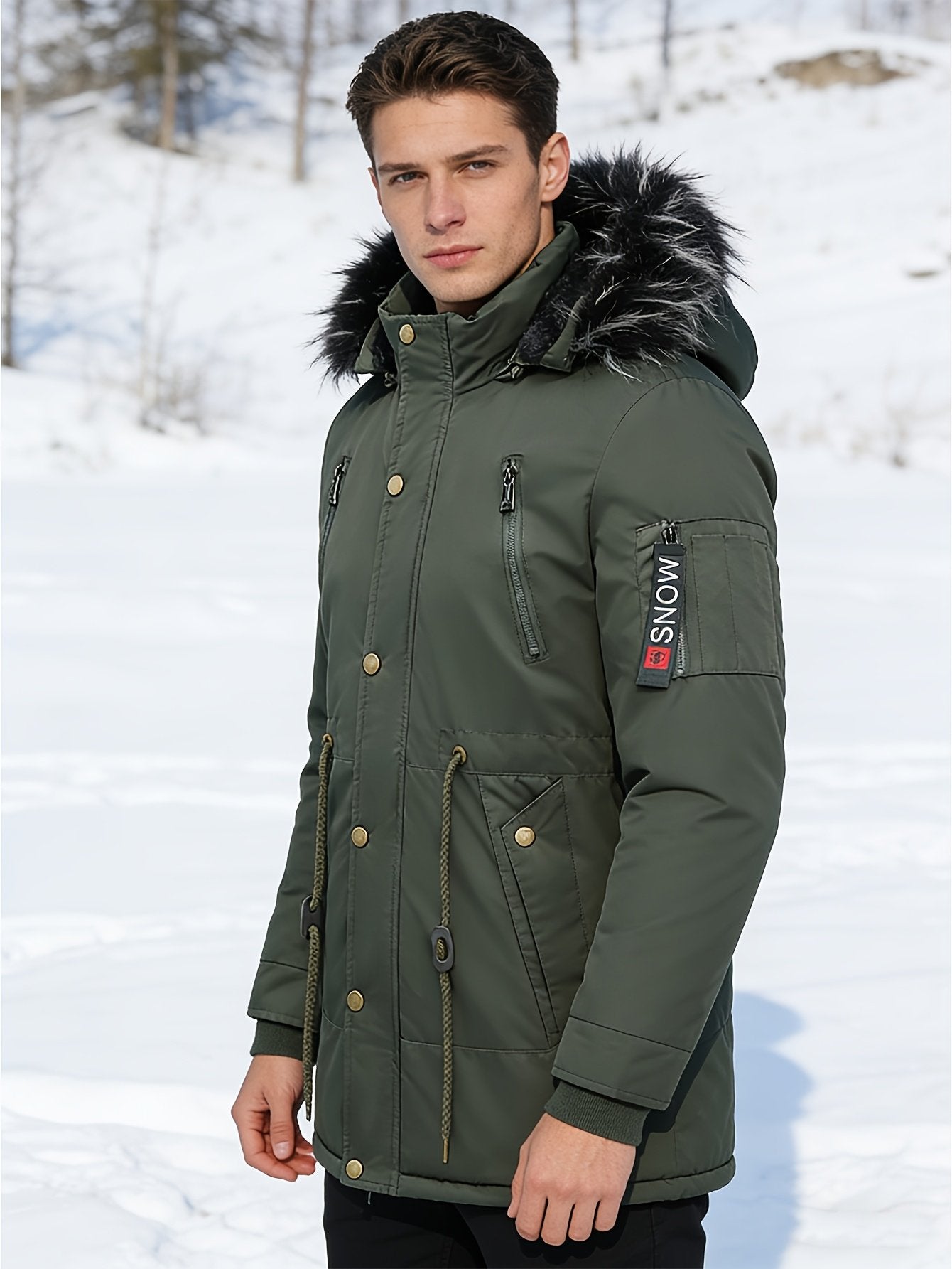 Men's hooded parka shown from the front for winter