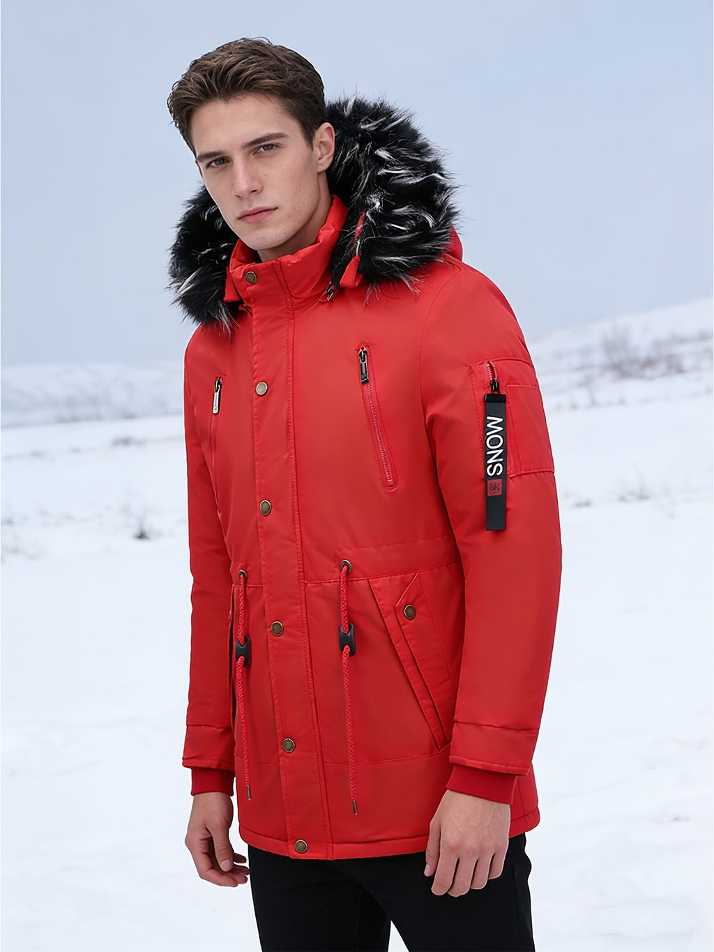 Side view of the men's hooded parka showing the fit