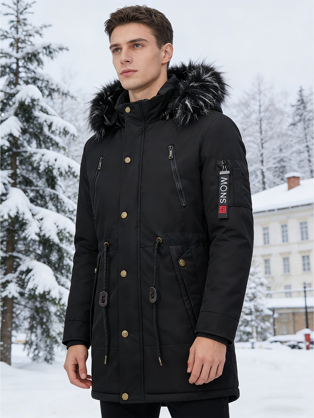 Close-up of the men's hooded parka fabric and stitching