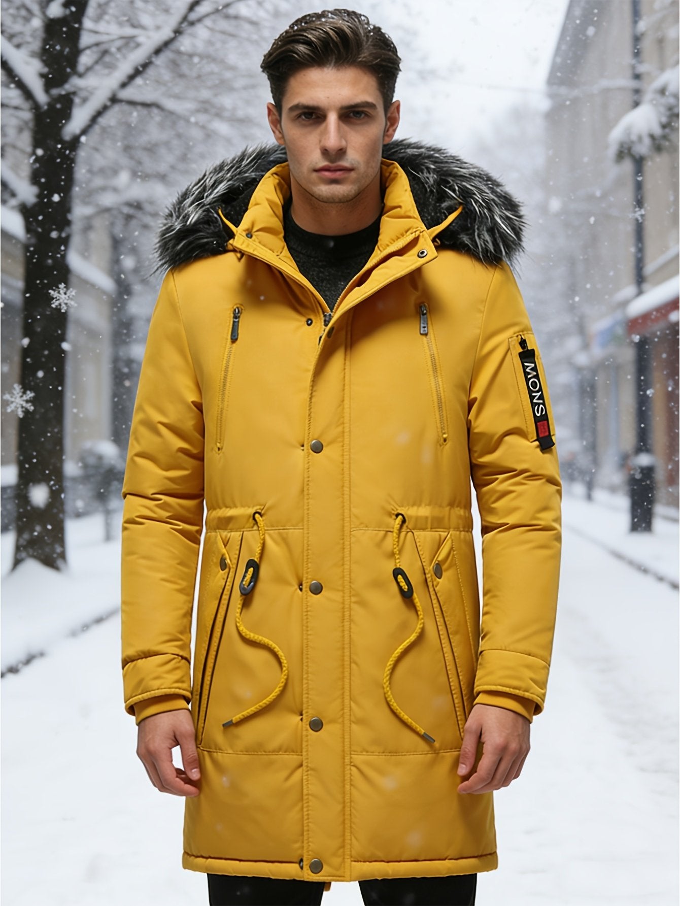 Collar and fastening detail of the men's hooded parka