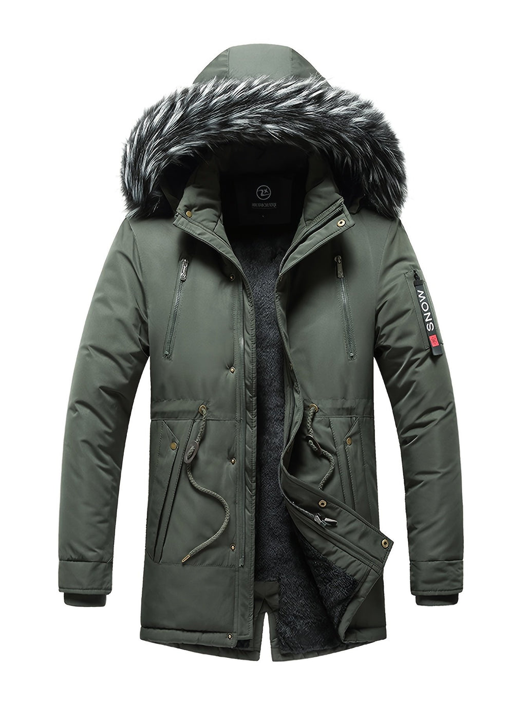 Men's hooded parka styled with jeans for cold weather
