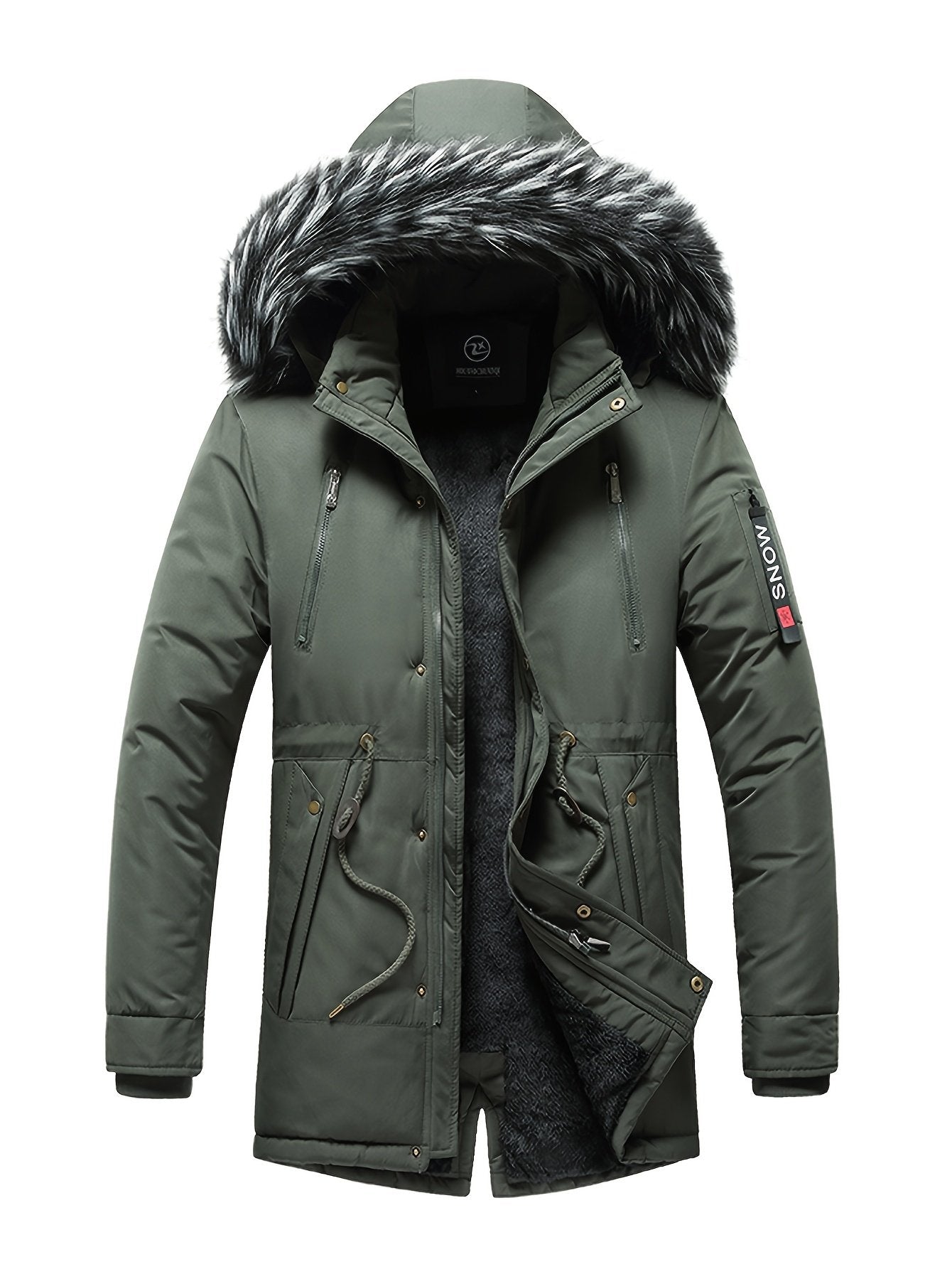 Men's hooded parka styled with jeans for cold weather
