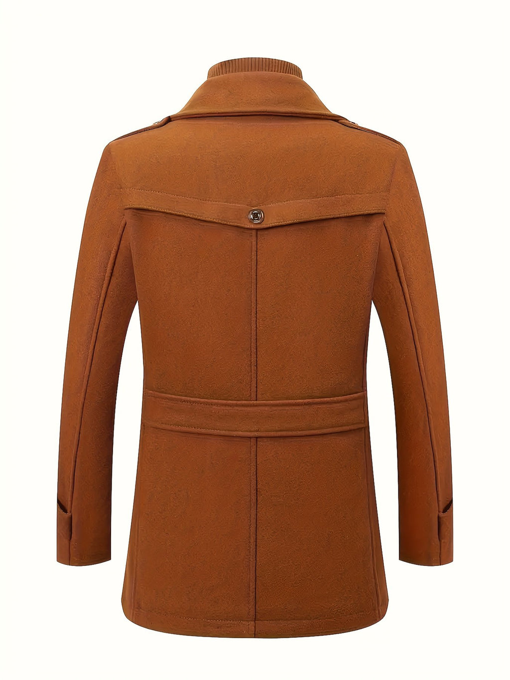 Close-up of the men's slim tweed coat fabric and stitching
