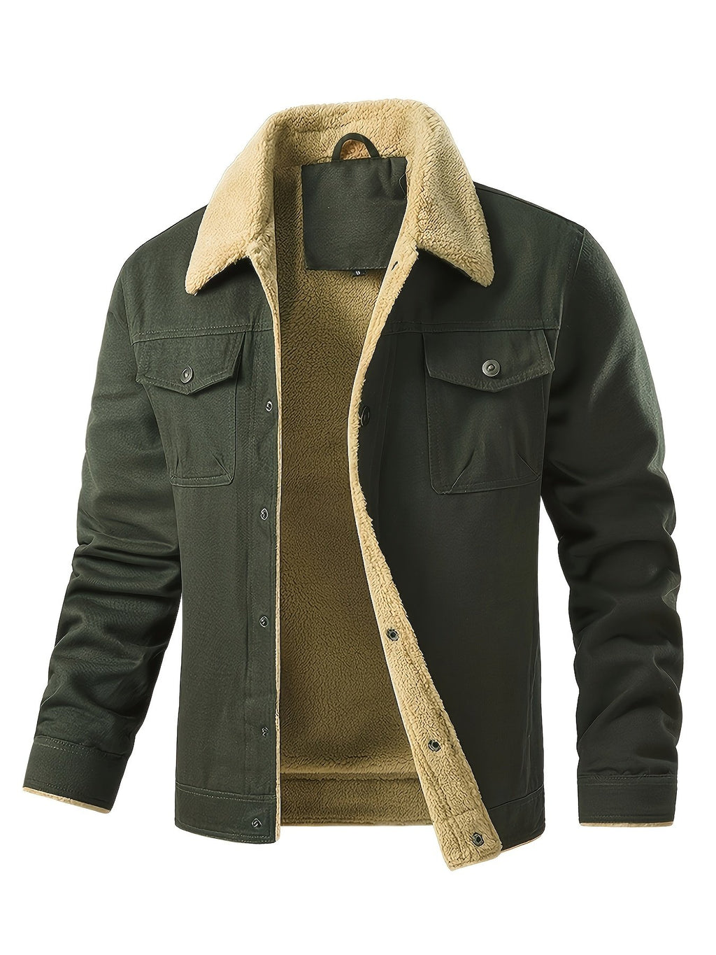 Men's sherpa fleece trucker jacket shown from the front for winter