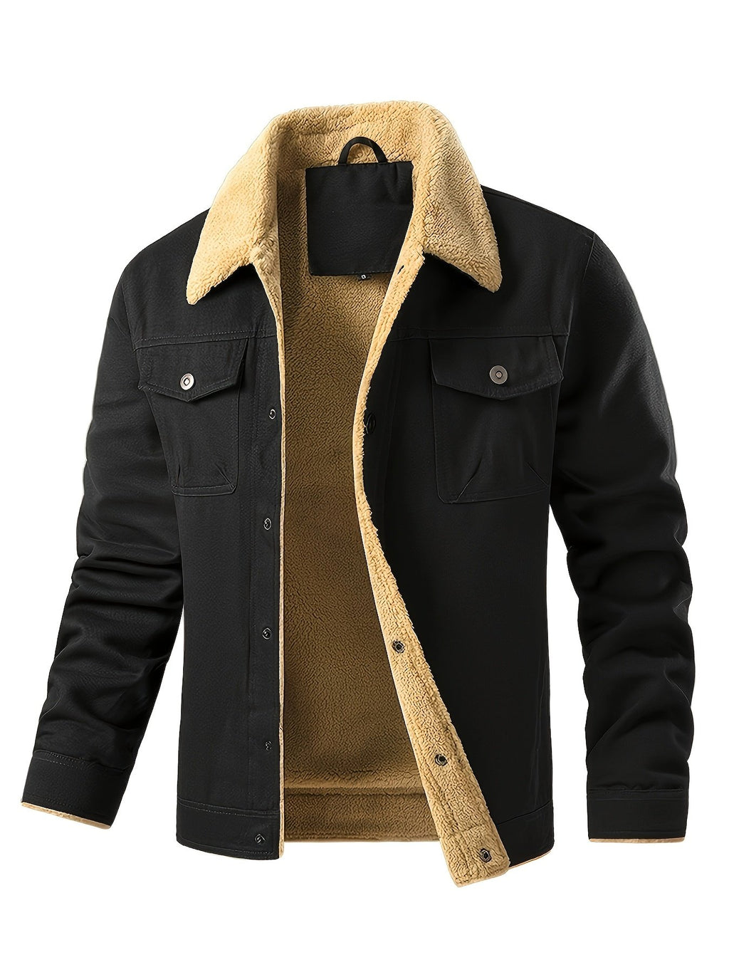 Close-up of the men's sherpa fleece trucker jacket fabric and stitching