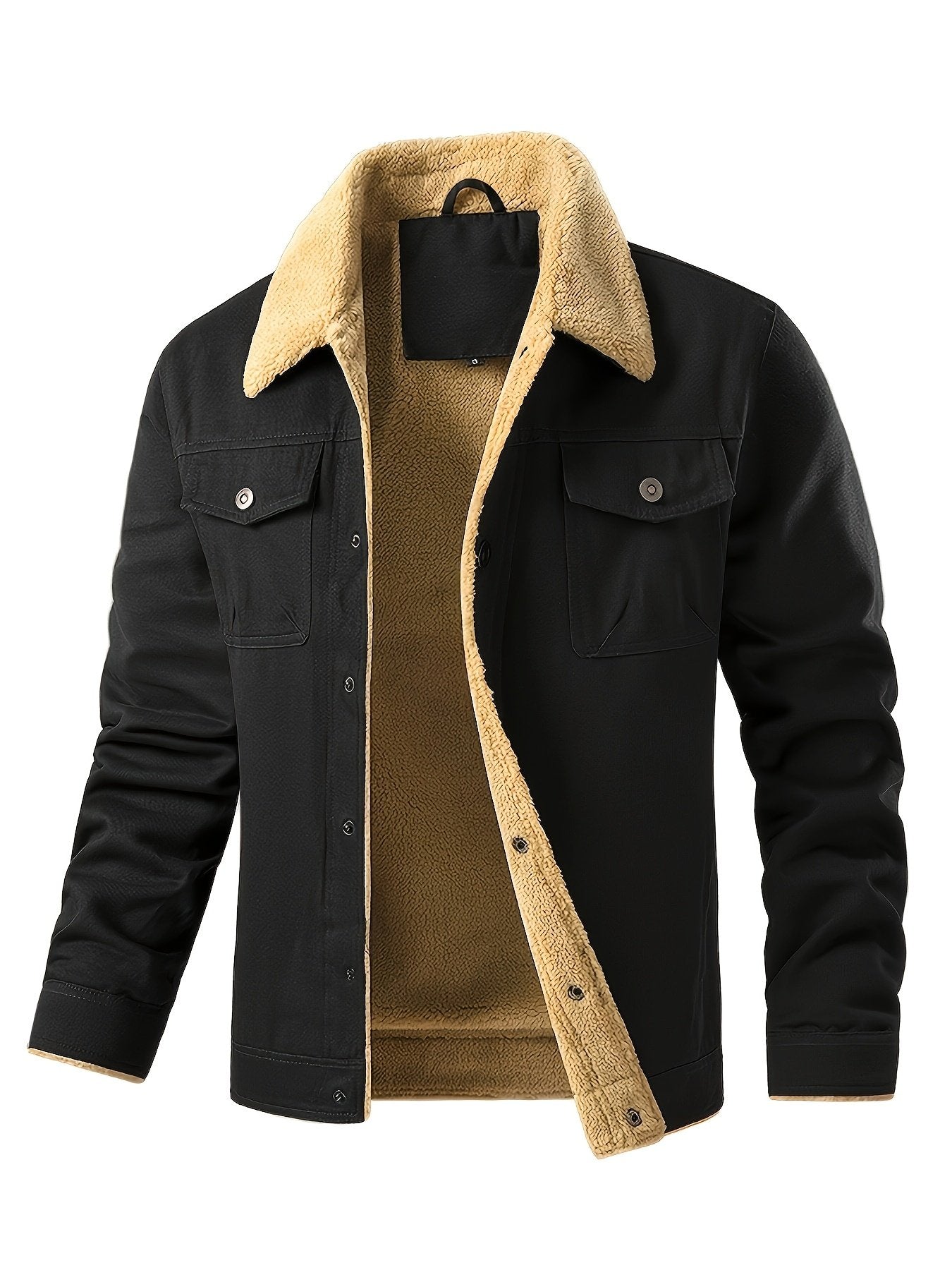 Close-up of the men's sherpa fleece trucker jacket fabric and stitching