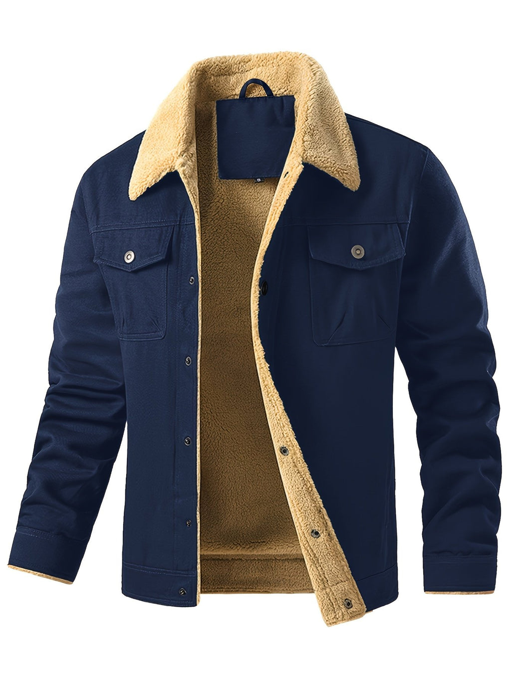 Collar and fastening detail of the men's sherpa fleece trucker jacket