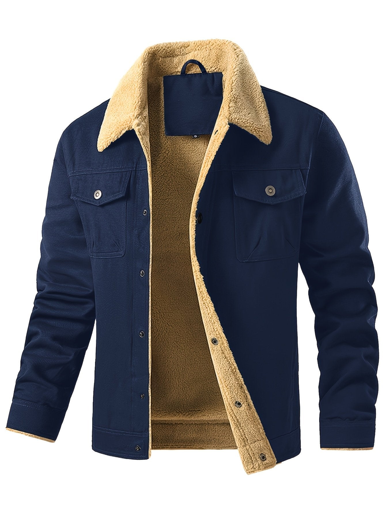 Collar and fastening detail of the men's sherpa fleece trucker jacket
