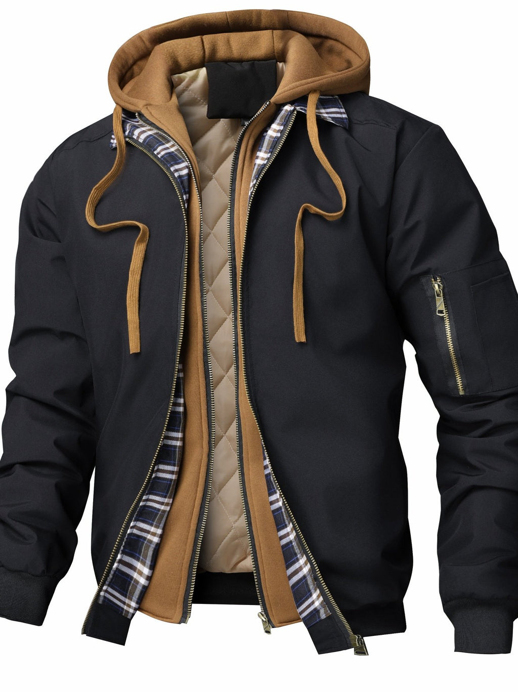 Side view of the men's hooded bomber jacket showing the fit