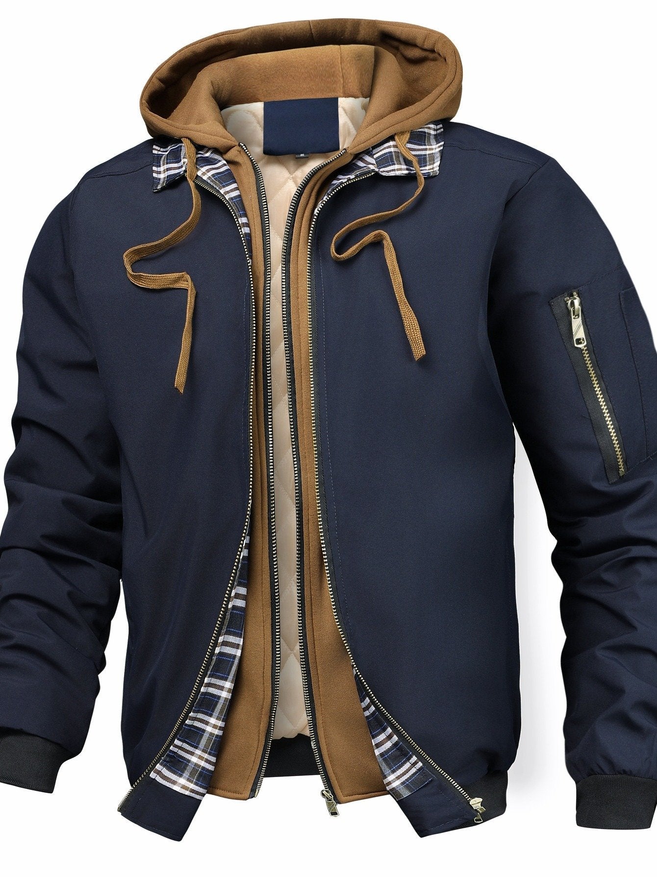 Back view of the men's hooded bomber jacket