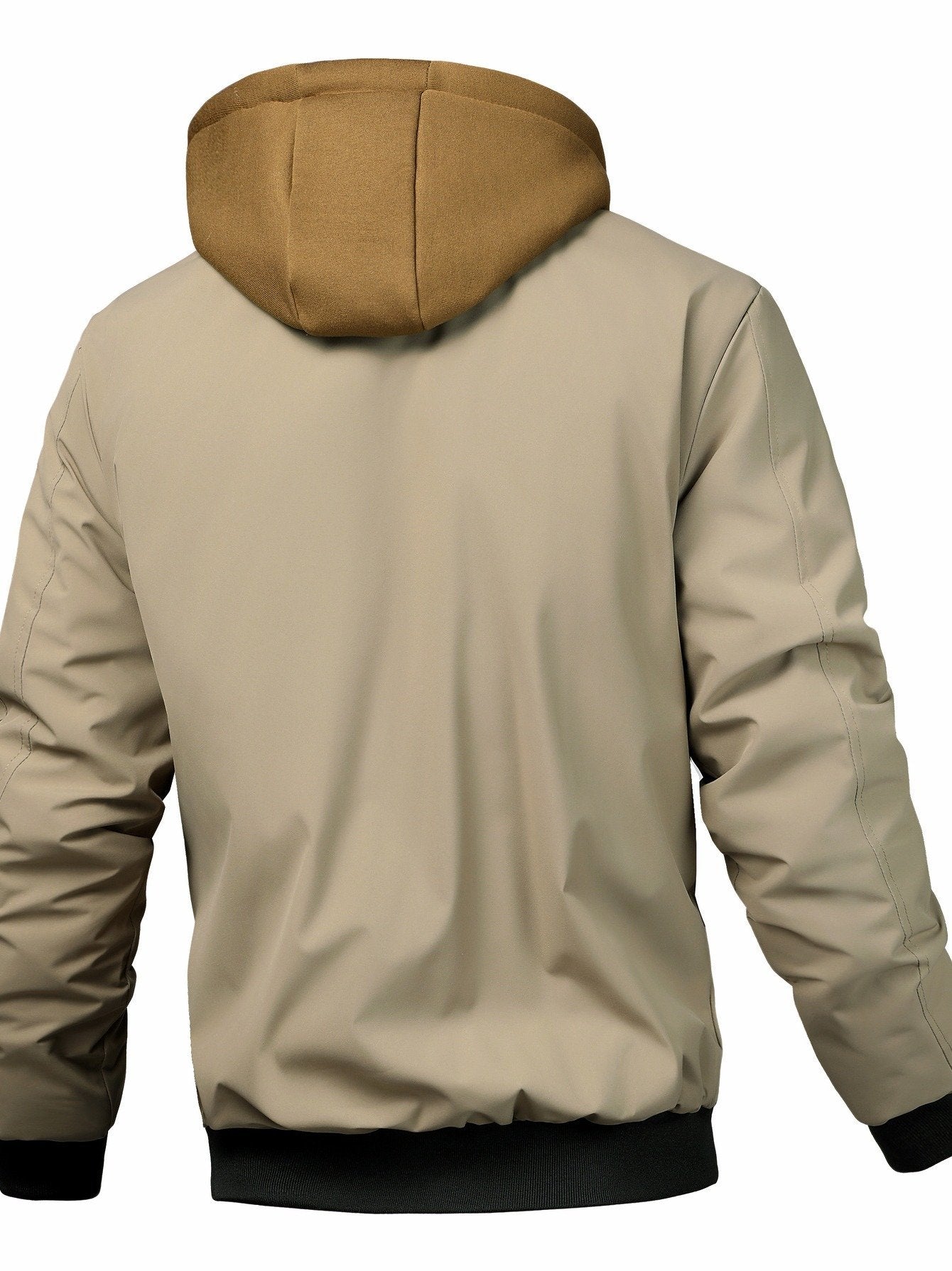 Close-up of the men's hooded bomber jacket fabric and stitching
