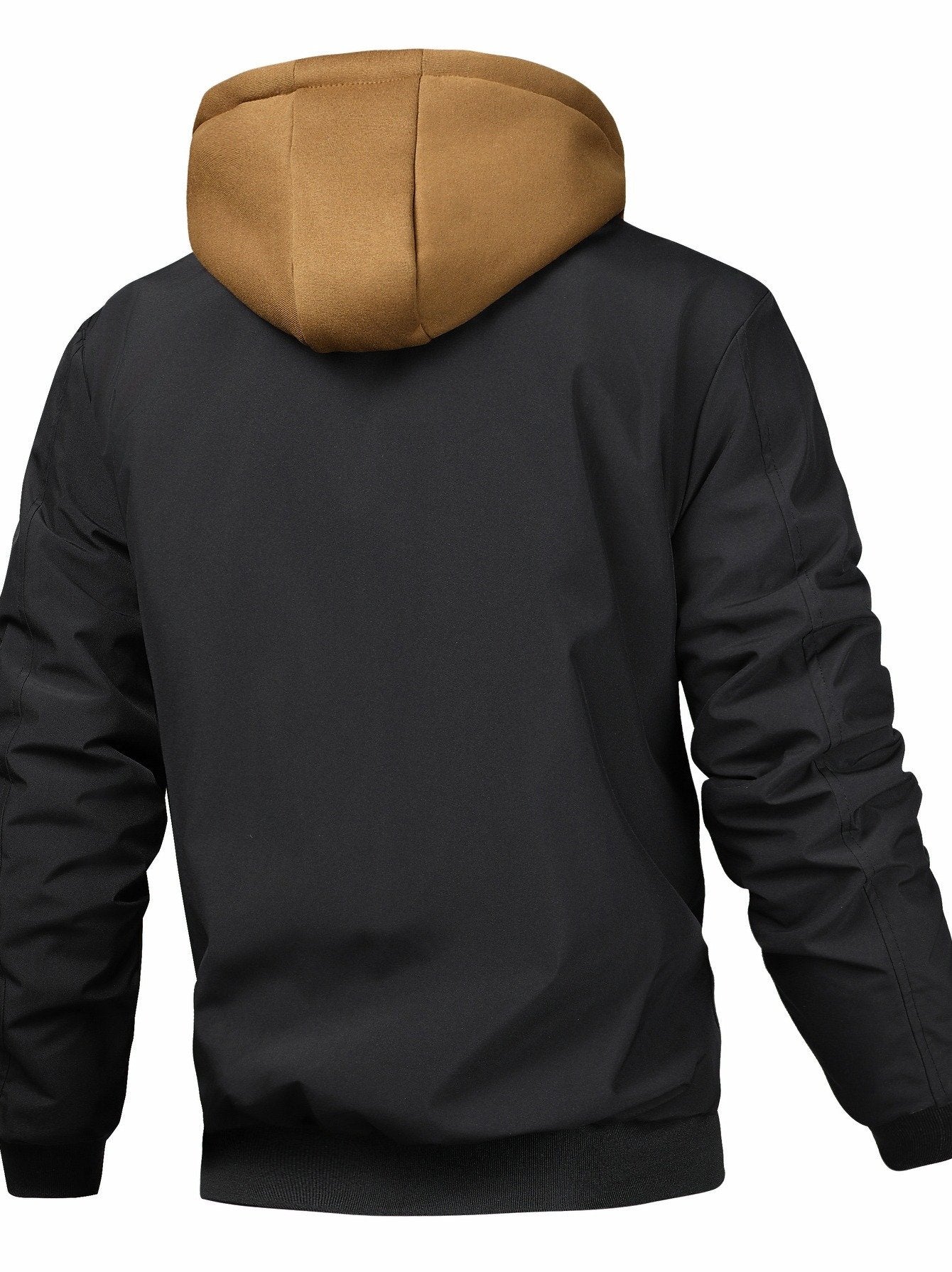 Collar and fastening detail of the men's hooded bomber jacket