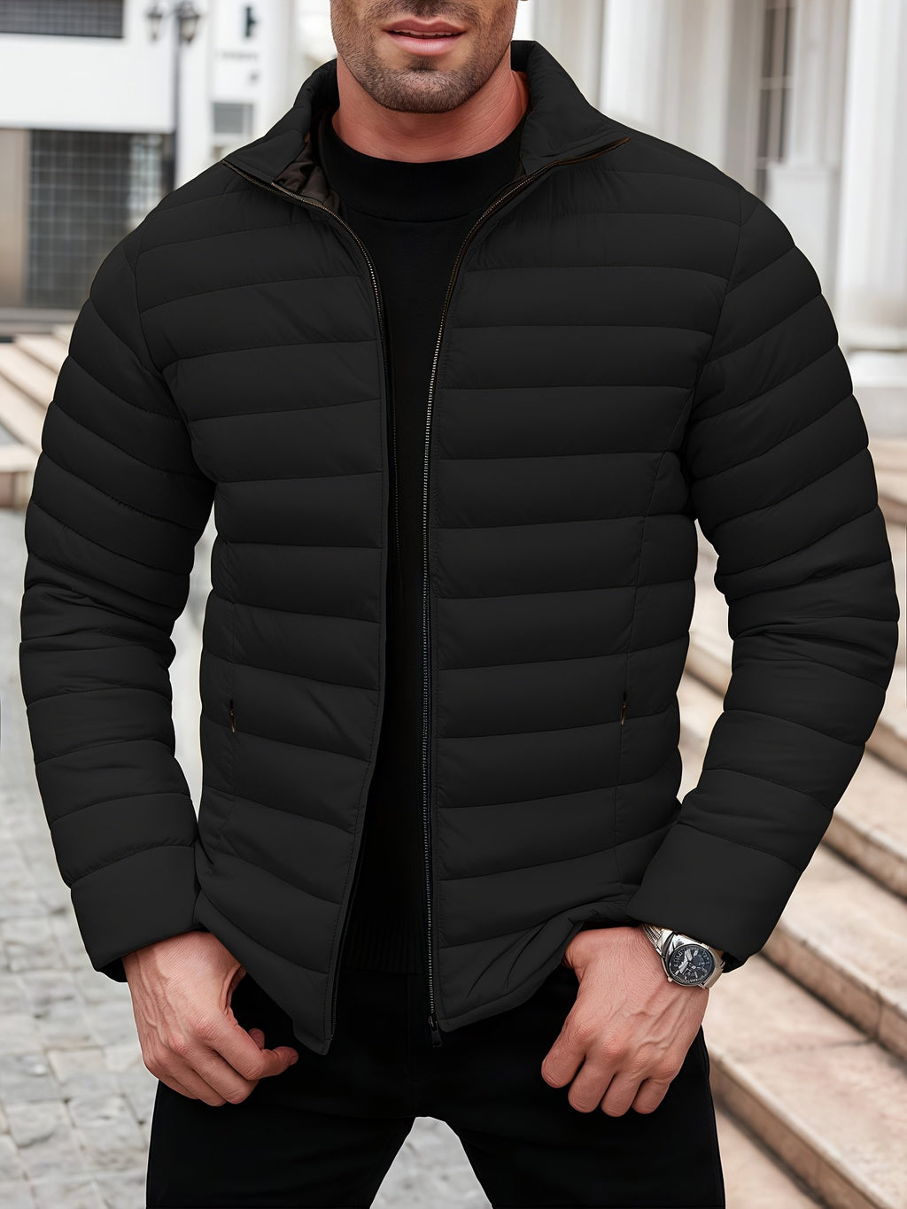 Men's padded winter coat shown from the front for winter