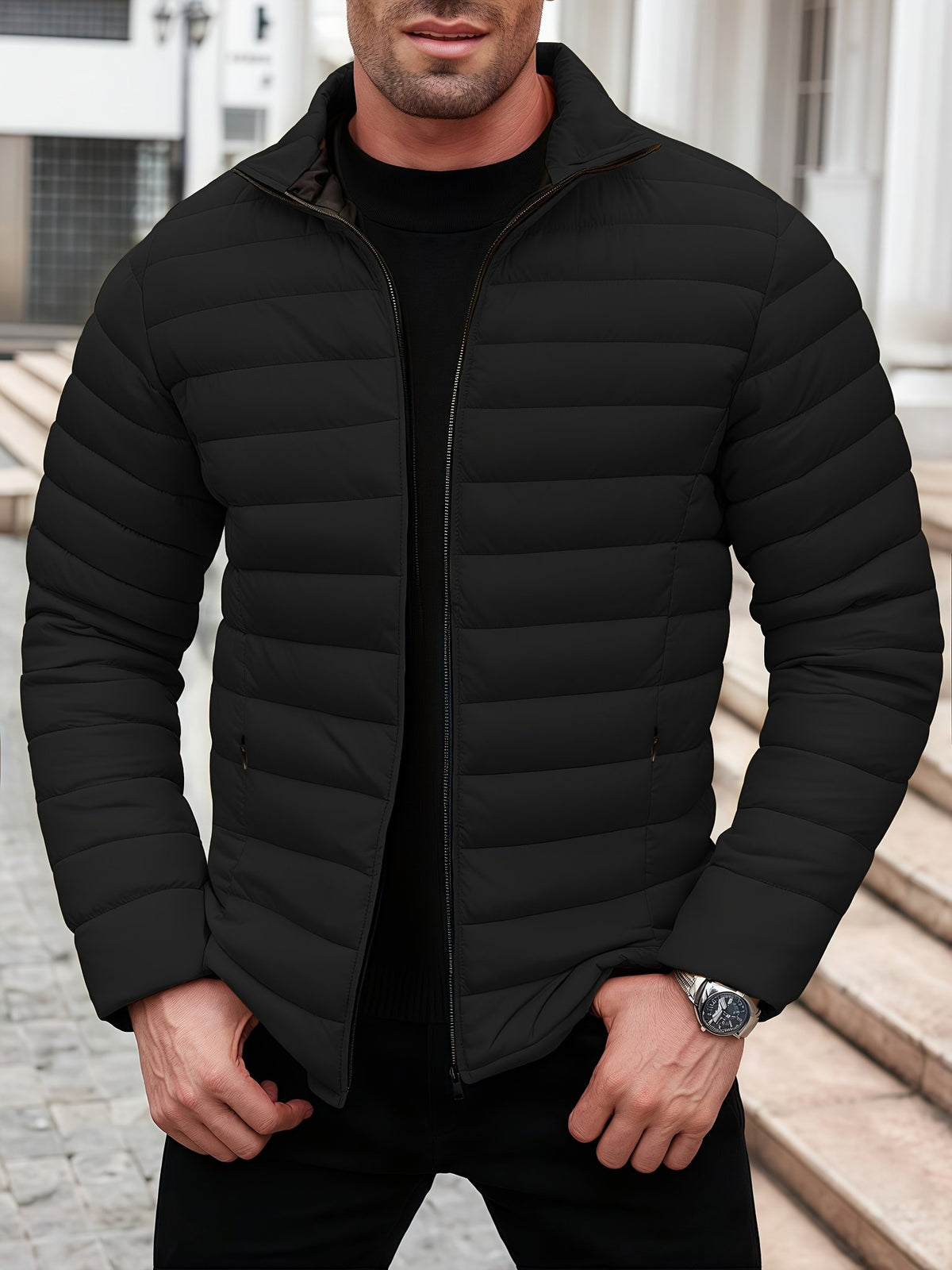 Men's padded winter coat shown from the front for winter