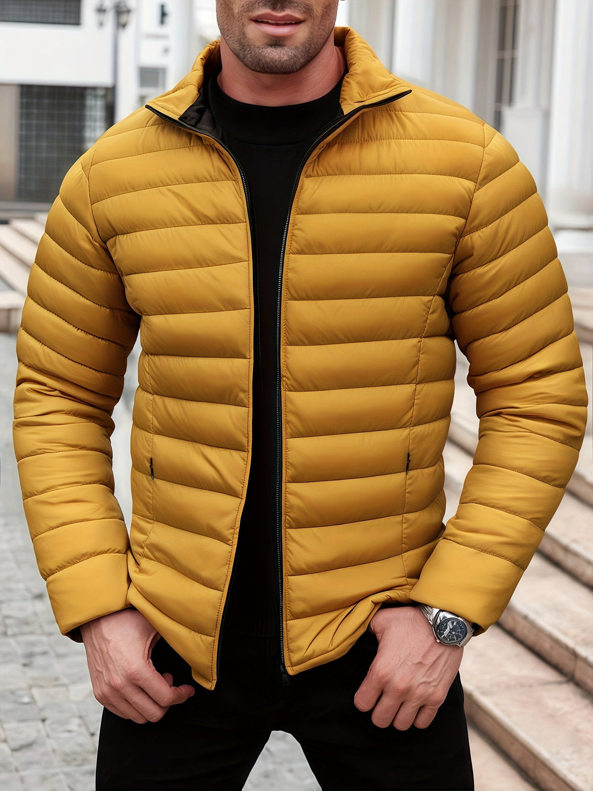 Side view of the men's padded winter coat showing the fit