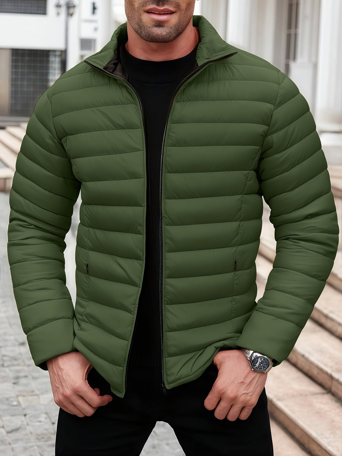 Close-up of the men's padded winter coat fabric and stitching