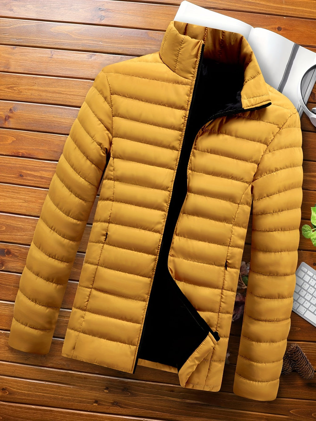 Men's padded winter coat styled with jeans for cold weather