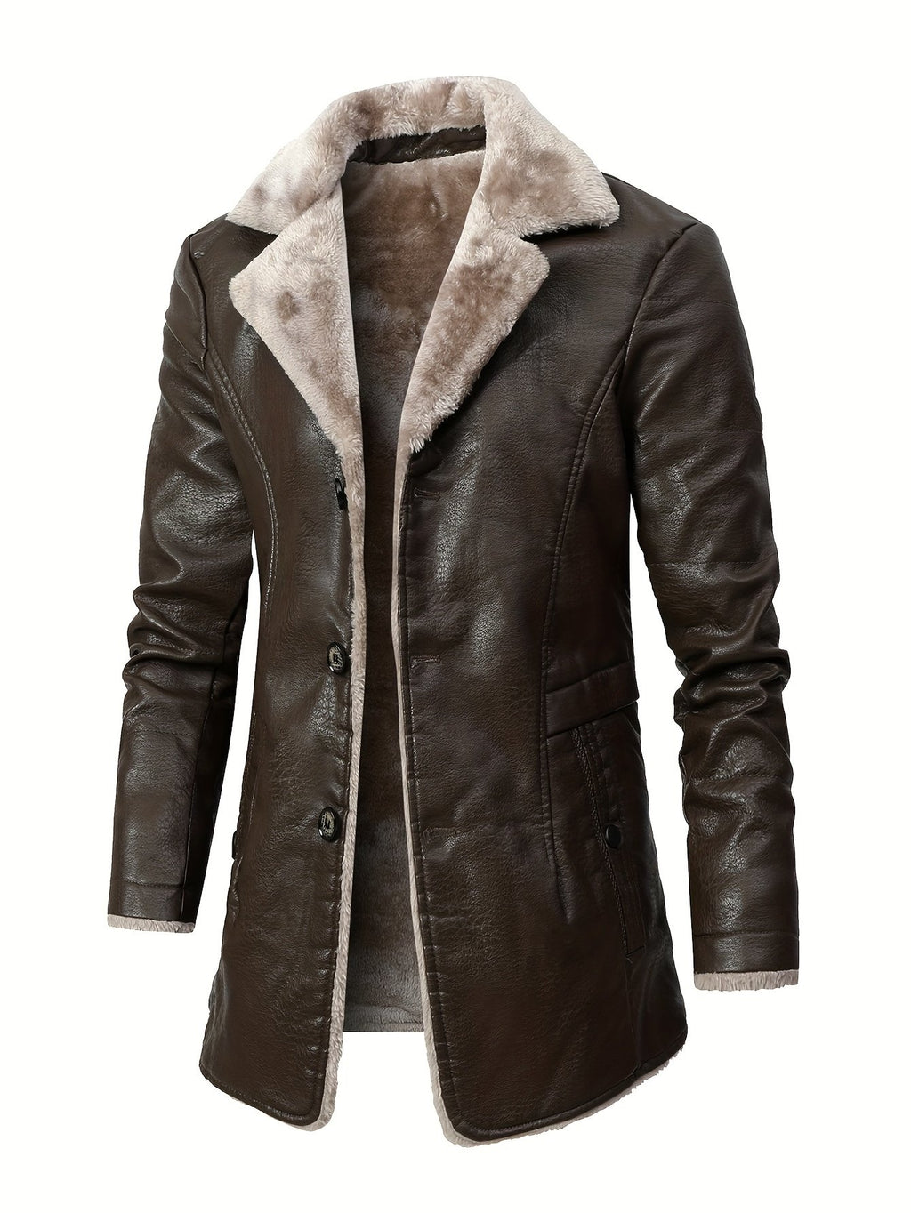 Men's faux leather coat shown from the front for winter