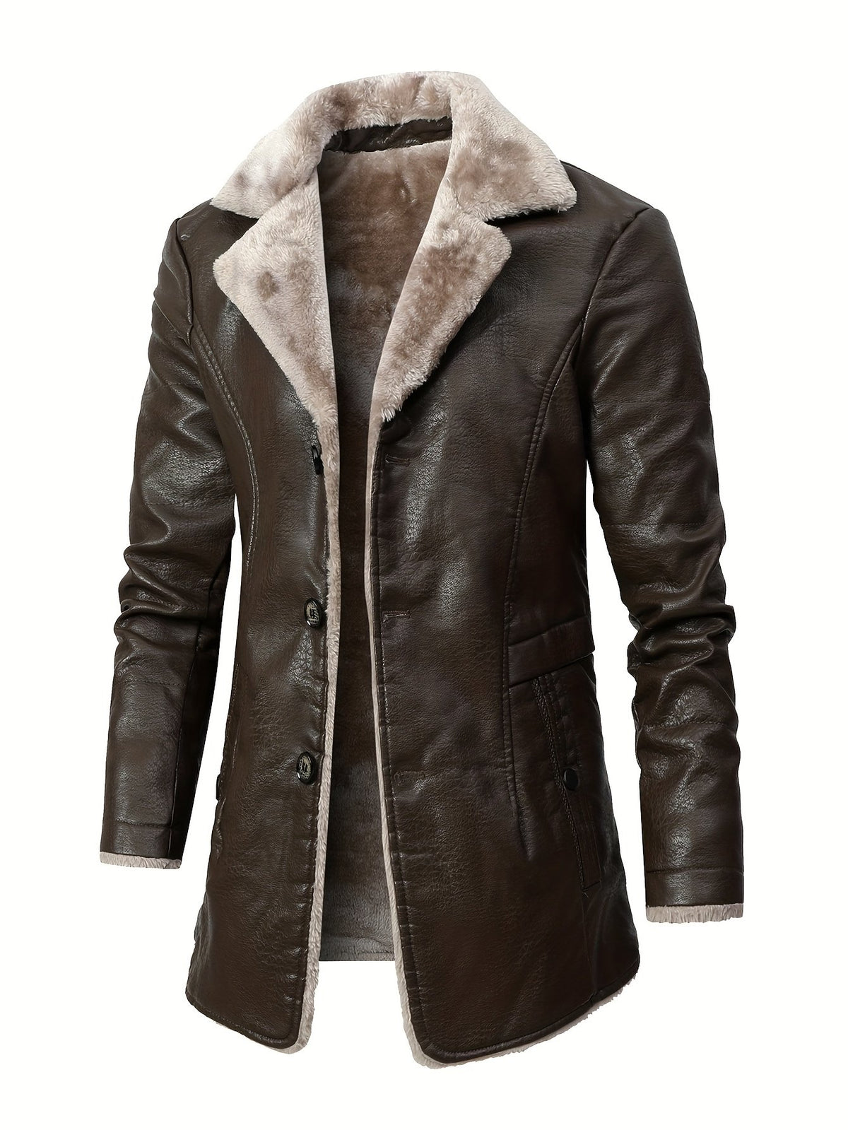 Men's faux leather coat shown from the front for winter