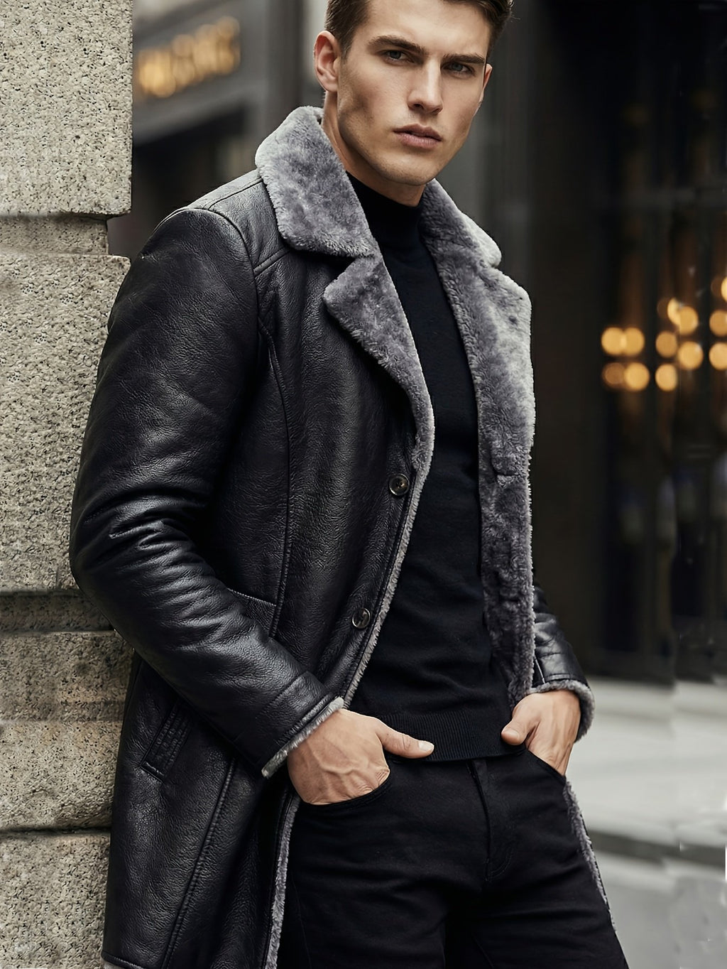 Side view of the men's faux leather coat showing the fit