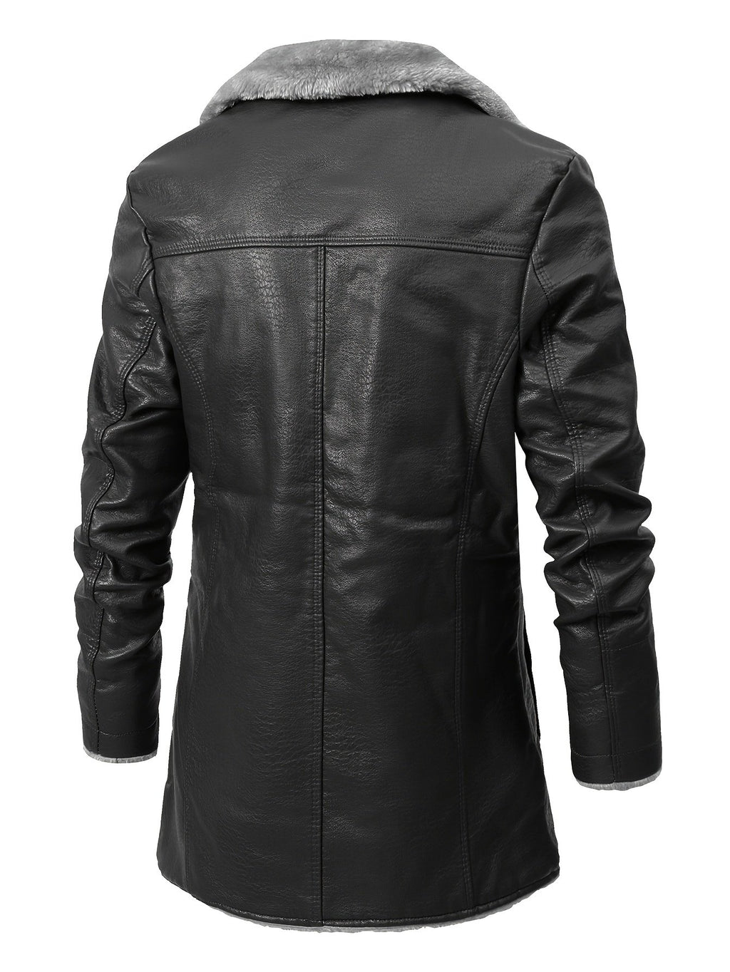 Close-up of the men's faux leather coat fabric and stitching