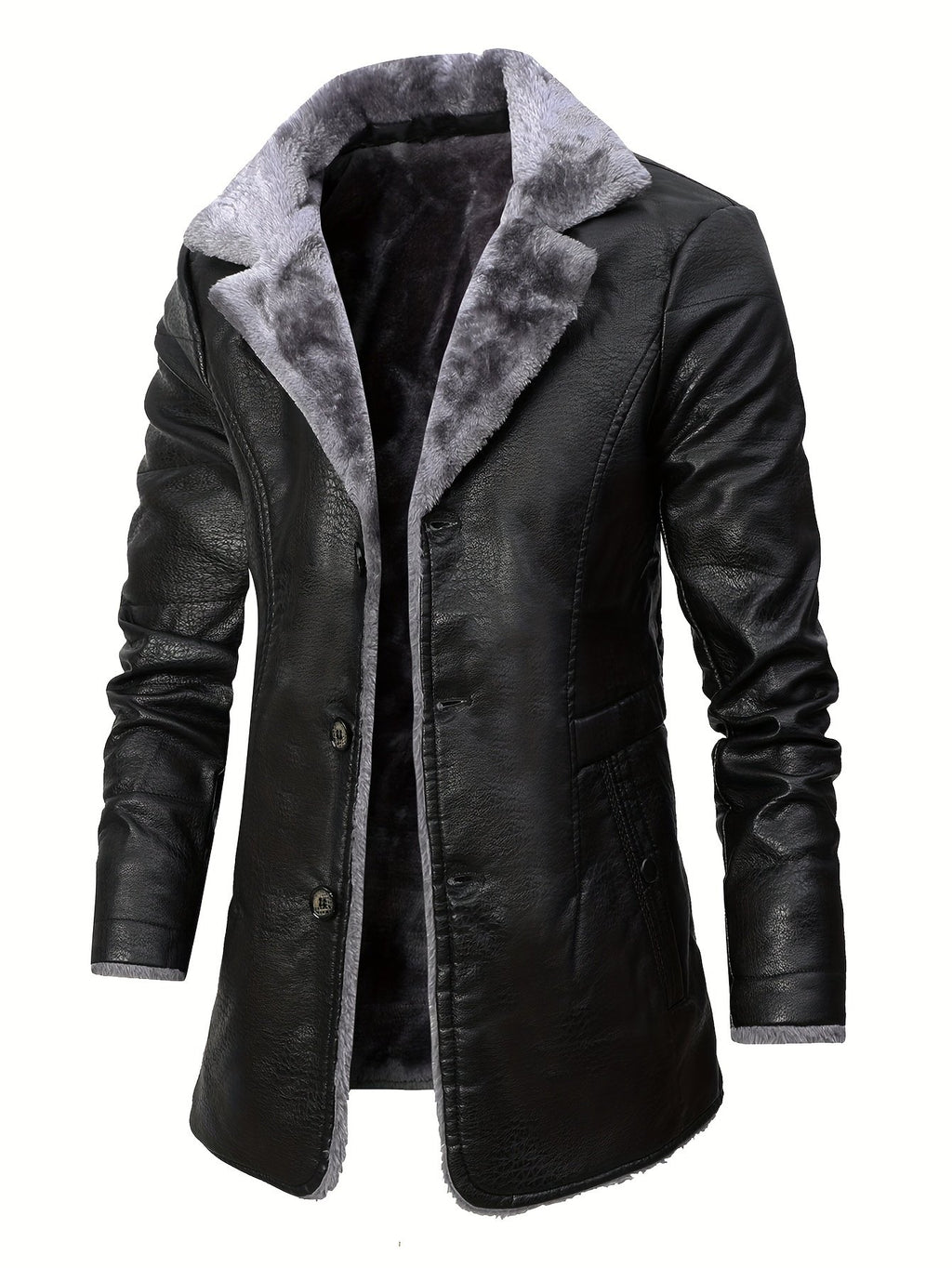 Men's faux leather coat styled with jeans for cold weather