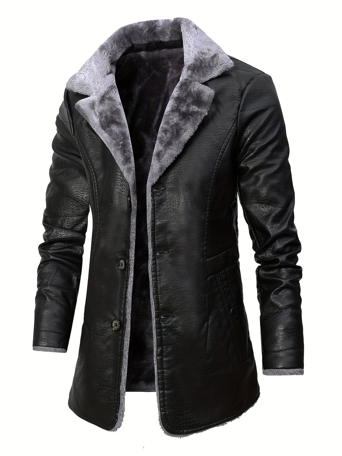 Men's faux leather coat styled with jeans for cold weather