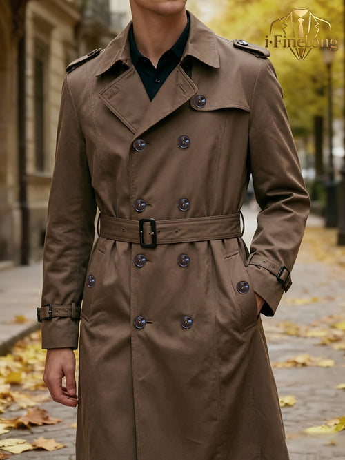 Men's belted blazer coat shown from the front for winter