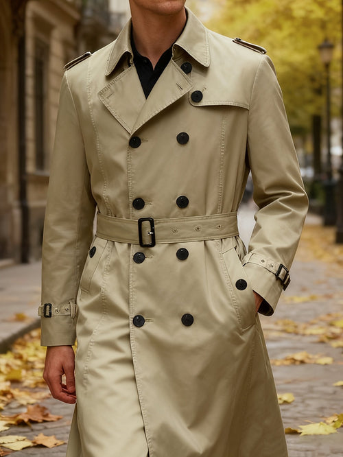 Side view of the men's belted blazer coat showing the fit